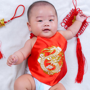 婴幼儿童大红原创设计龙纹凤纹宝宝金丝刺绣肚兜兜护肚围纯棉肚兜