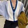 韩版时髦设计感针织，拼接衬衣2022秋季单排扣蝙蝠袖宽松针织衫