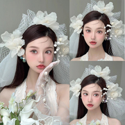 韩式花朵新娘头纱摄影拍照样片造型白色甜美森系超仙写真头饰