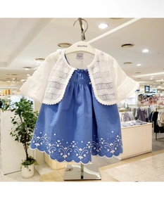 韩国童装 夏女童宝宝蓝色重工刺绣吊带连衣裙 蕾丝披肩套装