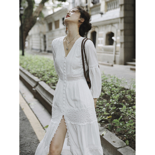 taiyang自制原创复古法式v领连衣裙，长款开叉重磅，水溶蕾丝裙白色
