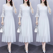 白色蕾丝雪纺连衣裙女2024夏季中袖气质大码显瘦减龄修身长裙