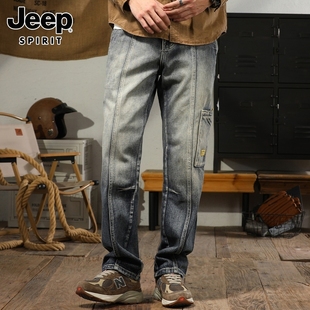Jeep吉普牛仔裤男士夏季潮牌宽松直筒裤渐变复古纯棉长裤子男