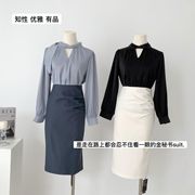 飘带镂空V领衬衫女设计感小众高级感半裙两件套工作职业气质衣服
