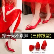 红色婚鞋女细跟高跟鞋秀禾龙凤鞋中式方扣结婚鞋子新娘鞋中跟孕妇