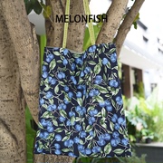 melonfish2024春夏蓝莓印花花卉，帆布包托特单肩布包