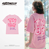 粉色oversize涂鸦印花短袖tee~韩国复古学院宽松卡通，t恤半袖中袖