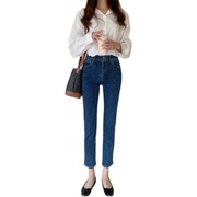 韩国深蓝直筒h大码牛仔裤女八分小个子秋季宽松显瘦腰九分裤