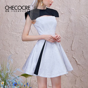 茬客黑白旋律连衣裙，2021夏季小众拼色无袖，设计感提花短裙