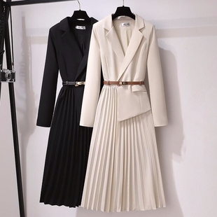 法式假两件西装连衣裙气质显瘦中长款长袖设计感百褶裙子春秋