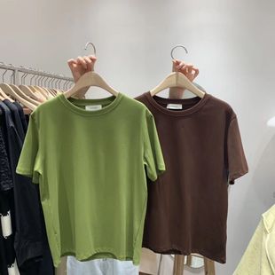 bluepops2024韩版百搭基础，纯色圆领短袖t恤女多色，打底衫上衣