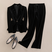 春秋黑色金丝绒小西装，外套女面试高端时尚，气质ol职业装西服两件套
