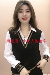 韩版polo领雪纺袖假两件打底衫减龄遮肚纯色，休闲字母袖上衣女