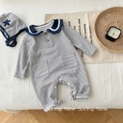 送帽子婴儿条纹，连体衣0-2岁春季韩国童装，时尚海军领哈衣