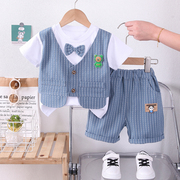 男童夏装套装宝宝洋气短袖马甲领结两件套周岁礼服婴幼儿夏季衣服