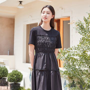 Lucidy/鲁思蒂黑色短袖连衣裙2023女夏季圆领气质高腰长裙子