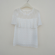 拉系列S/M/L超值 女夏季蕾丝雪纺金丝植花短袖衬衫4A1223白色