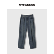 南乙nyhsugoo加绒蓝色牛仔裤，男2023冬季棉质，加厚宽松直筒休闲裤