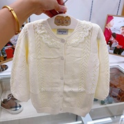 韩国童装 23春女宝儿童白色镂空花边领洋气针织开衫 甜美毛衣