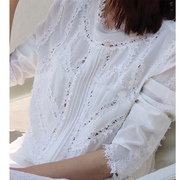 夏季欧货名媛宽松通勤圆领真丝拼接镂空蕾丝白色T恤短袖上衣