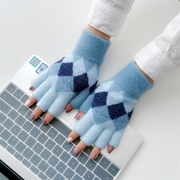 女士秋冬季韩版加厚保暖防寒毛线学生写字针织菱形格露指半指手套
