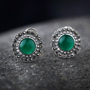 s925纯银复古手工泰银黑玛瑙，绿玛瑙圆形气质，简约耳环耳夹耳饰品
