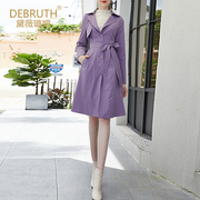 黛薇璐媤紫色西装领长袖，风衣女春秋，中长款法式ol气质收腰外套