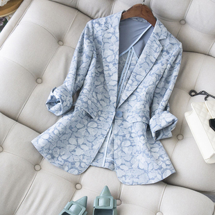 夏季薄款提花棉麻西服高级感通勤修身上衣时尚休闲蓝色西装外套女