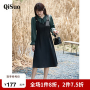 绮娑大码女装秋季新款显瘦胖MM连衣裙假两件套长袖藏肉收腰小黑裙