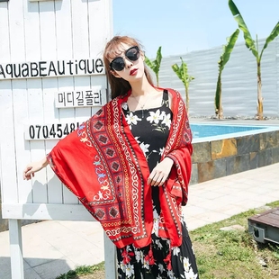 丝巾女夏季防晒披肩，百搭海边度假沙滩巾，纱巾民族风青海湖红色围巾