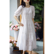 镂空刺绣白色裙子夏季初恋法式甜美泡泡袖短袖白色纯棉连衣裙