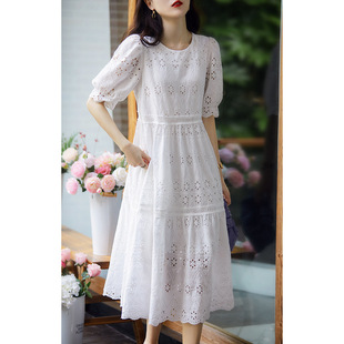 镂空刺绣白色裙子，夏季初恋法式甜美泡泡，袖短袖白色纯棉连衣裙