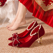 小众婚鞋女2023绒面酒红色，高跟鞋不累脚秀禾婚纱两穿新娘鞋子