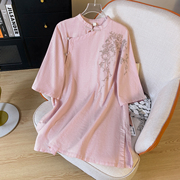 新中式国风刺绣旗袍衬衫，女夏季复古斜襟盘扣改良版唐装中长款上衣