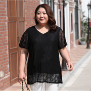 韩版女士蕾丝短袖胖加大码斤上衣，镂空花宽松型中性运动t恤