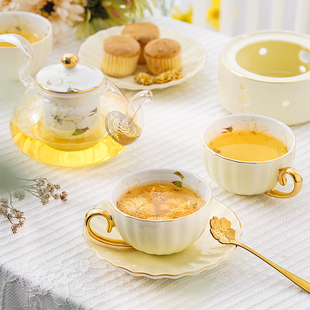 欧式陶瓷玻璃花茶杯套装马卡龙下午茶茶具水果茶壶带过滤蜡烛加热