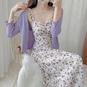 夏季香芋紫连衣裙碎花吊带裙防晒衫两件套装裙温柔风淑女气质长裙