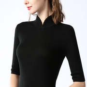 黑色旗袍领针织上衣修身女中袖薄款半高领，打底衫半袖复古中式毛衣