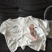 小众设计 24夏 减龄俏皮可爱 卡通史努比字母印花做旧棉麻短袖T恤