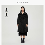 VGRASS黑色花纹蕾丝拼接羽绒服女冬季长款羽绒服VSY2O42110