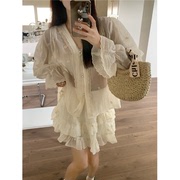 韩版甜美套装春季女薄款v领设计感长袖防晒衬衫a字蛋糕短裙两件套