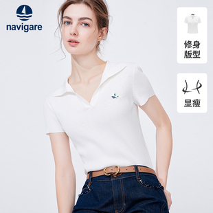 Navigare意大利小帆船白色针织短袖Polo衫女夏季薄款小个子T恤