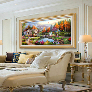 美式油画客厅挂画沙发，背景墙装饰画山水画风景手绘欧式壁画高级感