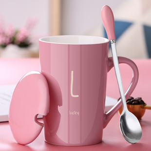 创意个性陶瓷马克杯，带盖勺情侣喝水杯子，家用茶杯男生办公室咖啡杯