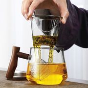 高硼硅耐热玻璃杯三件杯家用木把防烫茶水分离花茶杯加厚无铅水杯