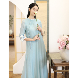 山有色原创新中式国风女装长裙，天丝复古气质，茶人服绣花改良连衣裙