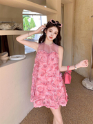 宽松花朵浪漫玫瑰无袖连衣裙女夏季法式甜美小个子粉色短裙