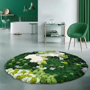 纯手工圆形苔藓森林羊毛地毯客厅，卧室床边地毯定制可爱轻奢客厅毯
