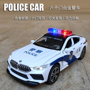 儿童警车玩具合金属公安110汽车，模型仿真六开门回力特警察车男孩