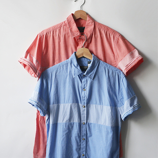 夏季高支全棉纯棉短袖，男士宽松大版长款衬衫，衬衣猫眼休闲蓝色红色